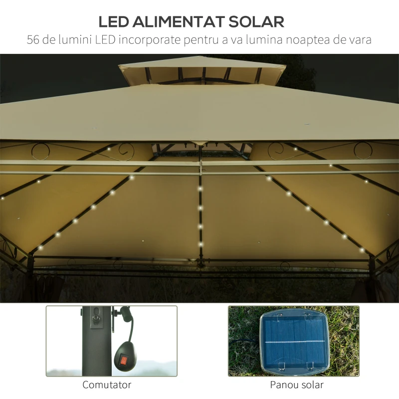 Outsunny Foisor de Gradina 3x4m din oțel cu Panouri Solare Lumini tip LED Kaki