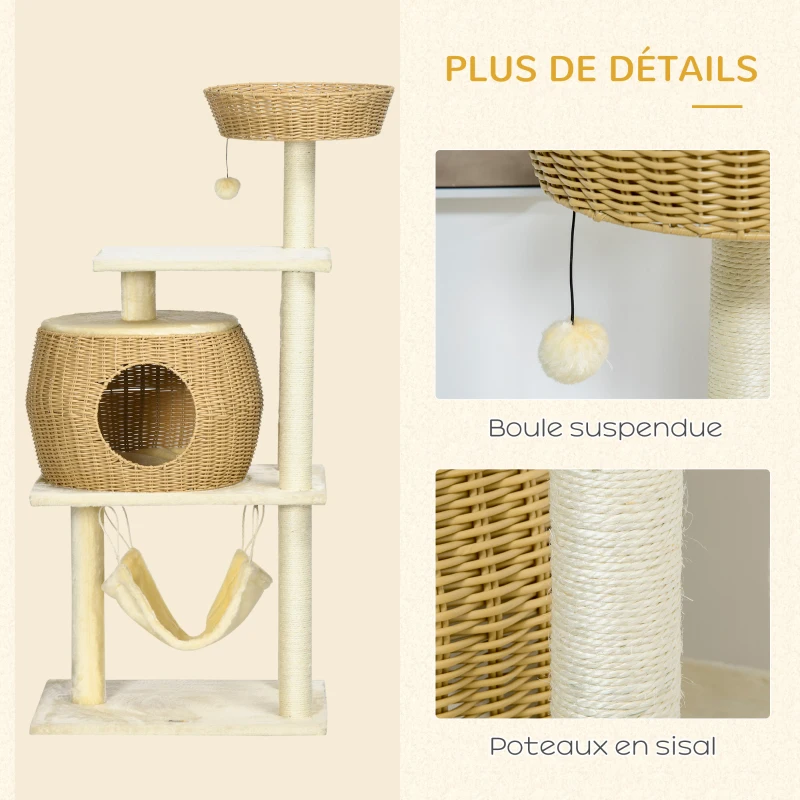 PawHut Arbre à chats sisal naturel grande niche plateforme jeu boule hamac peluche résine aspect rotin 60 x 49 x 130 cm beige