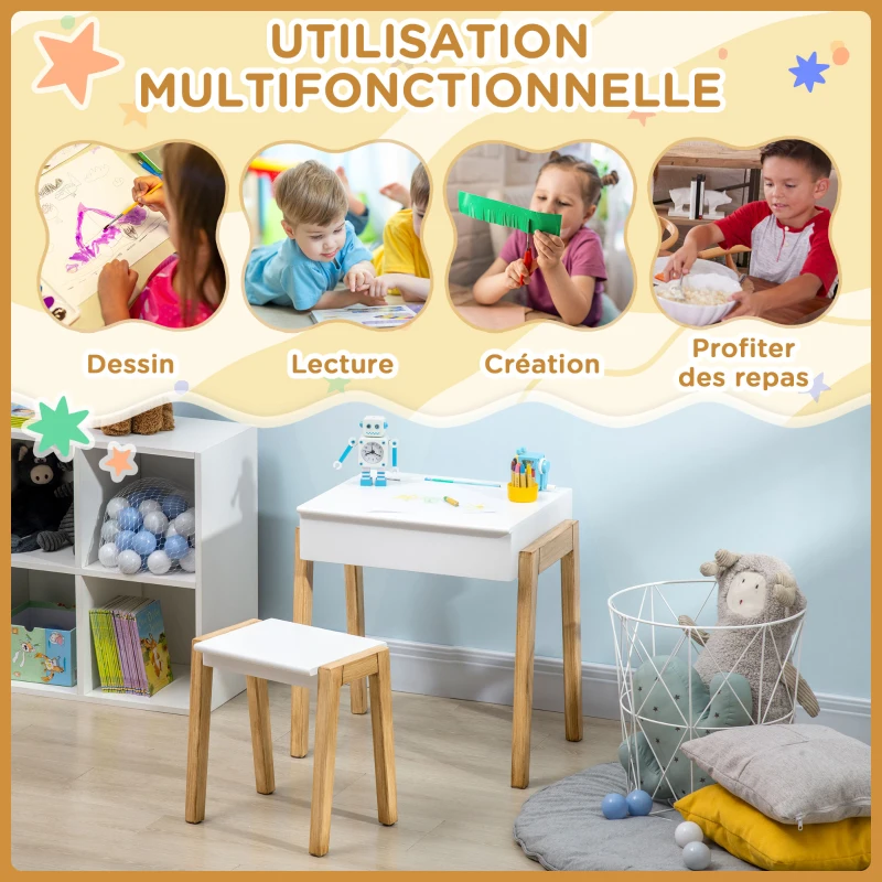 HOMCOM Ensemble table et chaise enfant style scandinave avec coffre de rangement 54,5 x 38 x 57,1 cm naturel et blanc