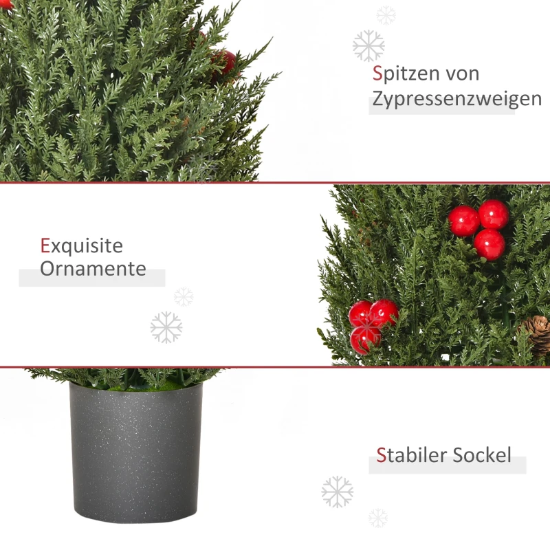 HOMCOM kerstboom 50 cm kerstboom cypress kerstboom met 7 rode bessen en 6 dennenappels kunstspar 170 takken voor tafel en bureau PVC PE groen Ø27 x 47 cm