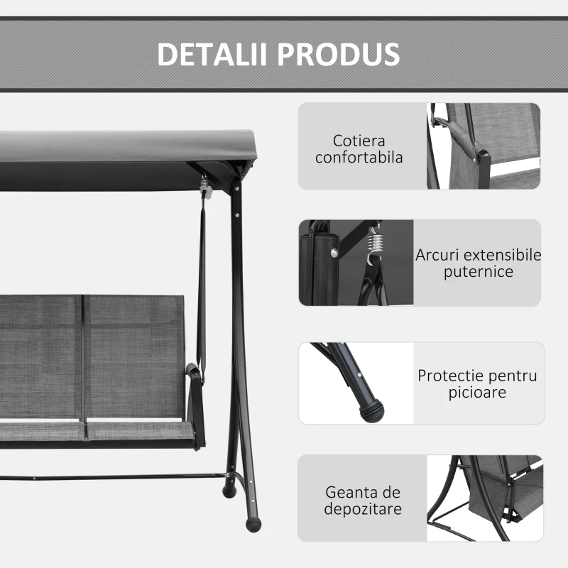 Outsunny Balansoar de Gradina cu 3 scaune Acoperis si Buzunare de depozitare, Gri