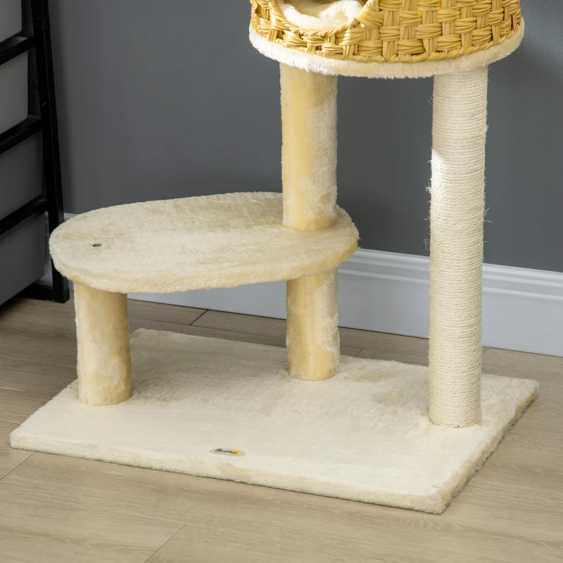 PawHut Arbre à chat griffoir pour chat poteaux sisal avec niche panier et balle suspendue hauteur 115 cm beige