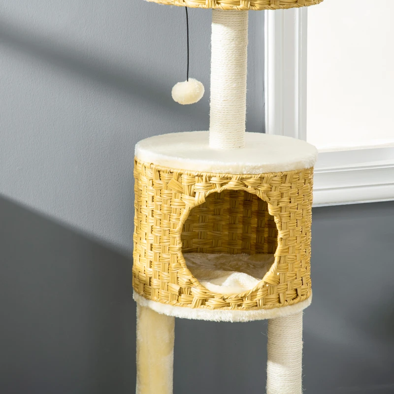 PawHut Arbre à chat griffoir pour chat poteaux sisal avec niche panier et balle suspendue hauteur 115 cm beige
