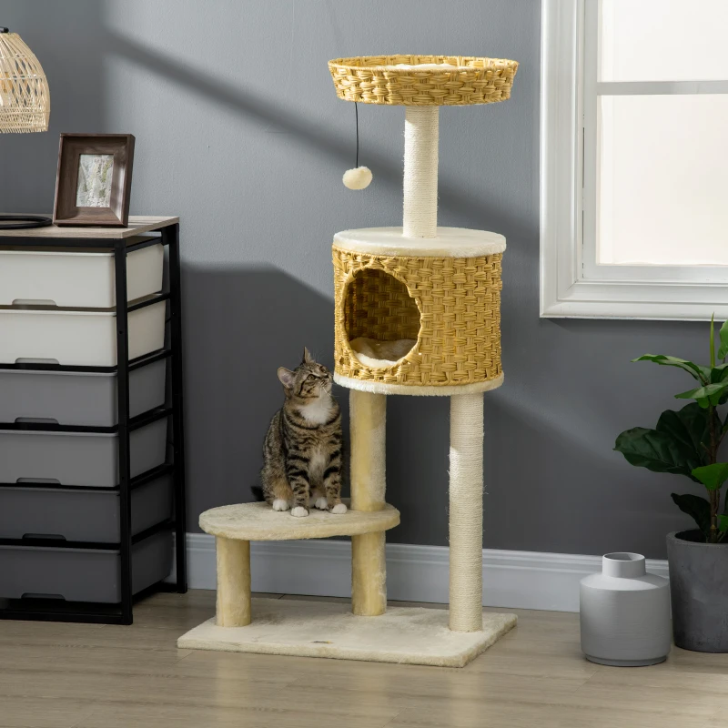 PawHut Arbre à chat griffoir pour chat poteaux sisal avec niche panier et balle suspendue hauteur 115 cm beige