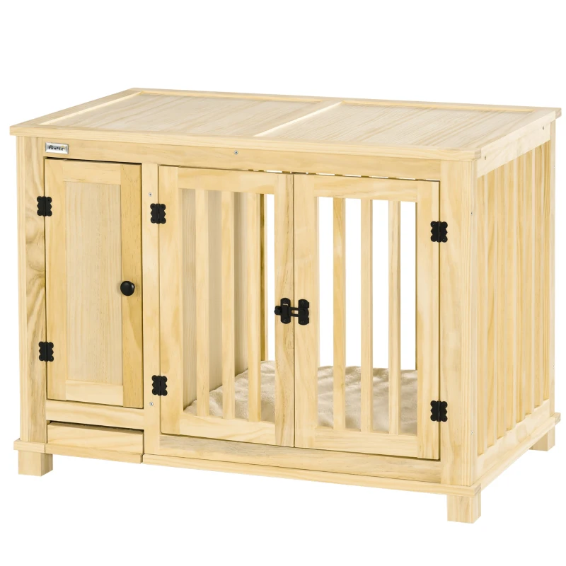 PawHut Wooden Dog Crate Furniture, with Bowl, Storage, Cushion, for Small Dogs - Natural Finish