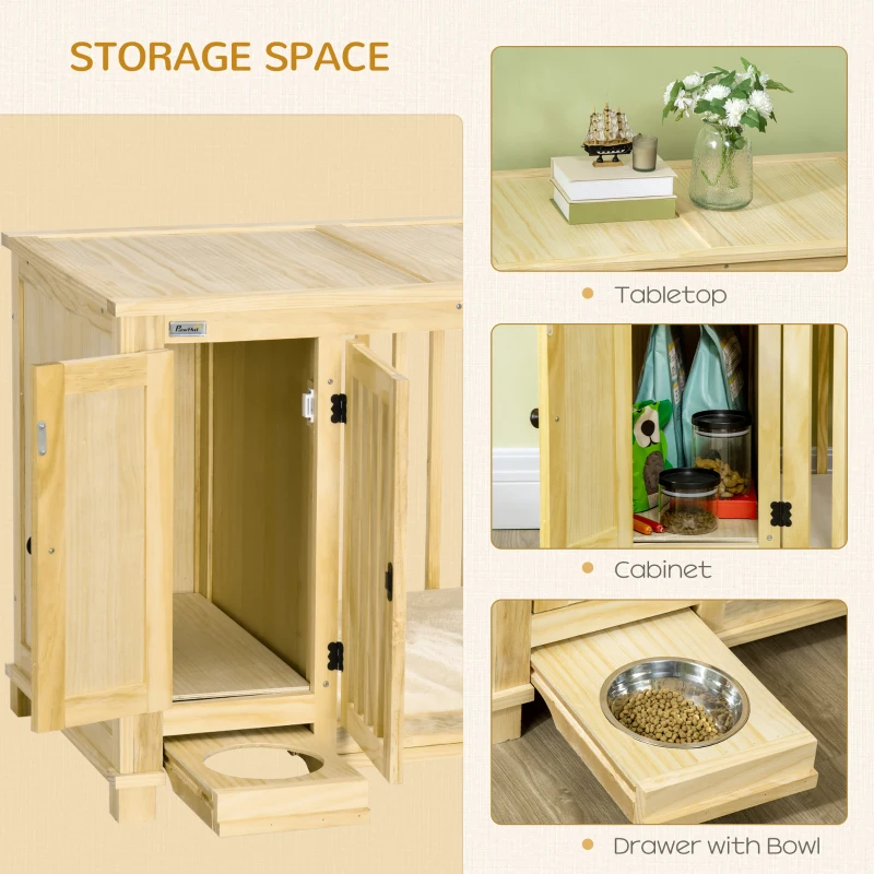 PawHut Wooden Dog Crate Furniture, with Bowl, Storage, Cushion, for Small Dogs - Natural Finish