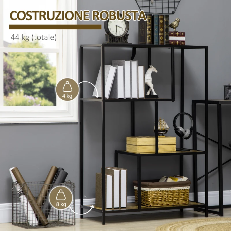 HOMCOM Libreria Moderna 4 Ripiani Stile Industriale in Legno e Metallo, 83x34x180cm, Marrone