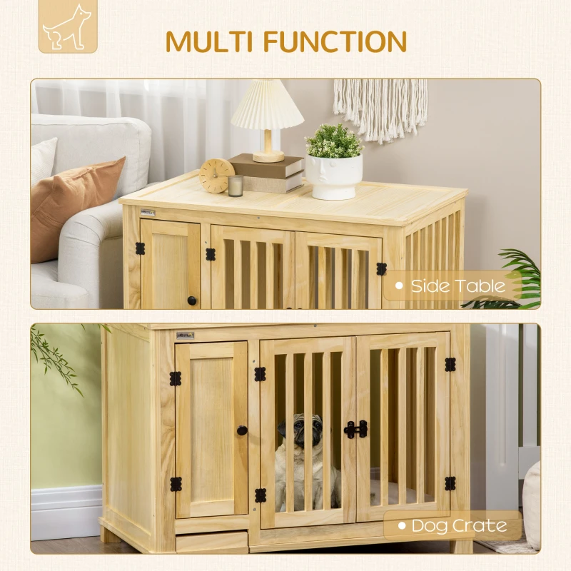 PawHut Wooden Dog Crate Furniture, with Bowl, Storage, Cushion, for Small Dogs - Natural Finish