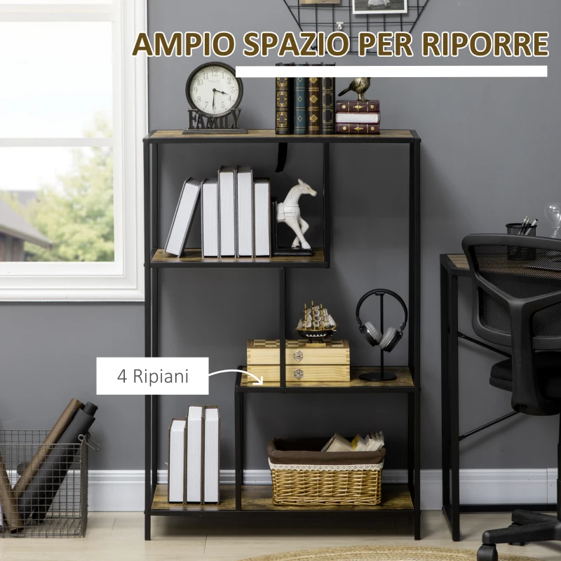 HOMCOM Libreria Moderna 4 Ripiani Stile Industriale in Legno e Metallo, 83x34x180cm, Marrone