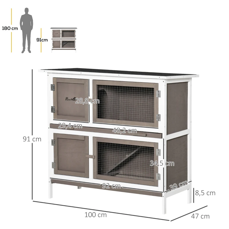 PawHut Conejera de Madera de 2 Pisos con Techo Asfáltico Bandejas Extraíbles y Rampa para 2 Conejos 100x47x91 cm Marrón