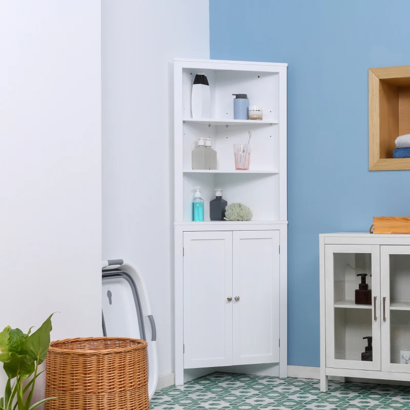 kleankin Triangle Bathroom Cabinet, Corner Bathroom Storage Unit with Cupboard and 3-Tier Shelves, Free Standing, White