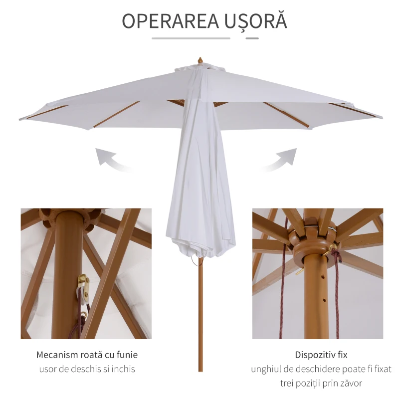 Outsunny Umbrela din Lemn Umbrela Soare pentru Gradina Balcon Alb 3 m