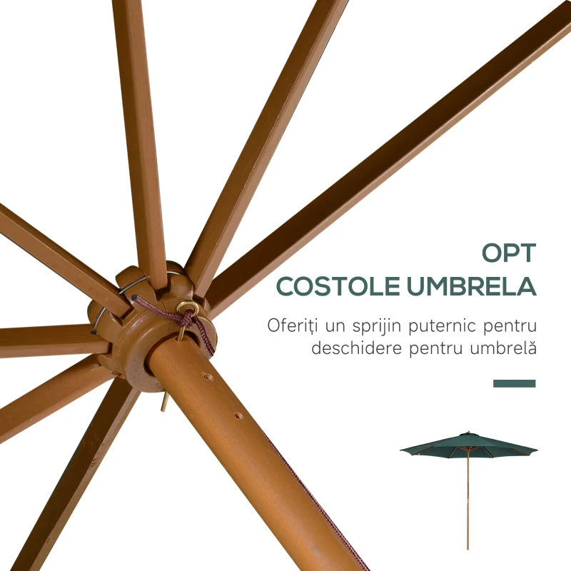 Outsunny Umbrelă de Grădină cu Deschidere cu Șnur, Stâlp din Lemn și Înveliș din Poliester, Ø300x250 cm, Verde Închis