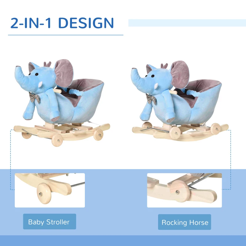 HOMCOM 2 In 1 Plush Baby Ride on Rocking Horse Elephant Rocker with Wheels Wooden Toy for Kids 32 Songs for 18+ Months (Blue)