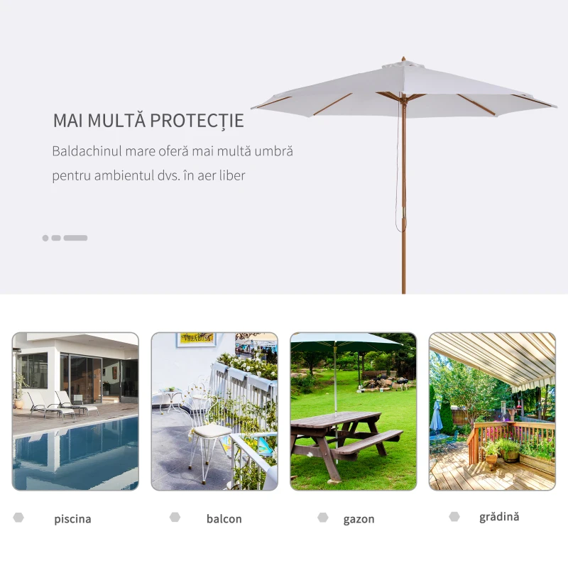 Outsunny Umbrela din Lemn Umbrela Soare pentru Gradina Balcon Alb 3 m