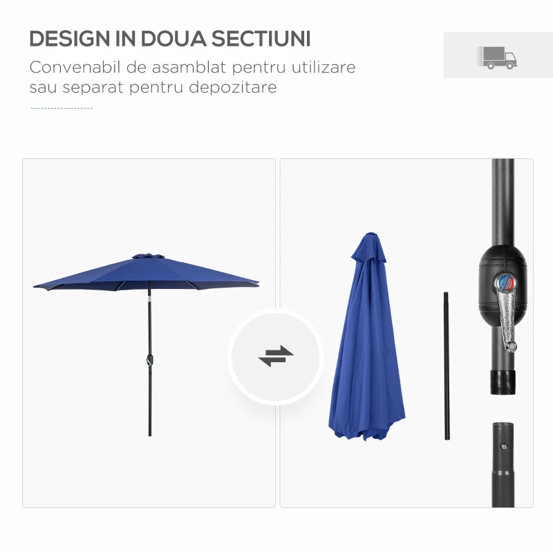 Outsunny Umbrela de Gradina Φ300cm care se Inclina cu Manivela din Metal si Poliester Albastru