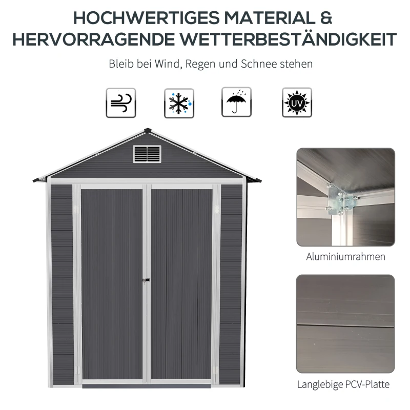 Outsunny Gerätehaus mit Fenster Aluminium Geräteschuppen mit Schloss Schlüssel Gartenhaus Garten Schuppen Grau PVC 186 x 183,5 x 218 cm
