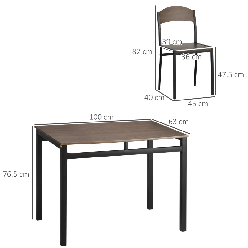HOMCOM Set de sufragerie 5 piese cu 1 masa dreptunghiulara 100x63x76,5 cm si 4 scaune 45x40x82 cm, otel si MDF, maro negru