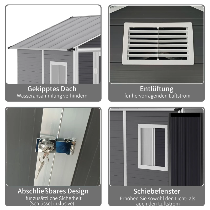 Outsunny Gerätehaus mit Fenster Aluminium Geräteschuppen mit Schloss Schlüssel Gartenhaus Garten Schuppen Grau PVC 186 x 183,5 x 218 cm