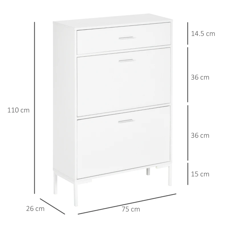 HOMCOM Dulap modern pentru pantofi, 12 perechi de pantofi cu 2 usi si sertar, din PAL, MDF si metal, 75x26x110 cm, alb(m-3)