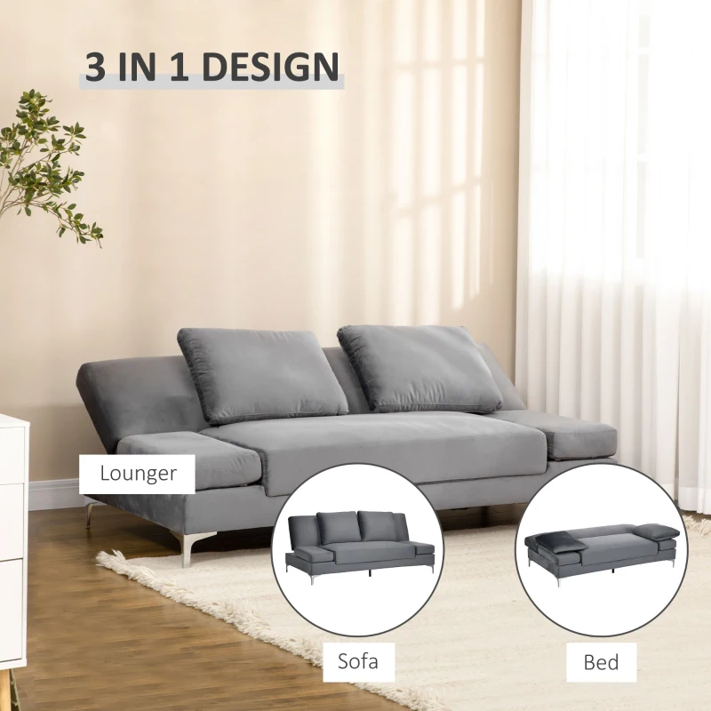 HOMCOM Canapea extensibila dubla cu cotiere reglabile in 9 pozitii si perne detasabile, eucalipt si structura metalica, gri