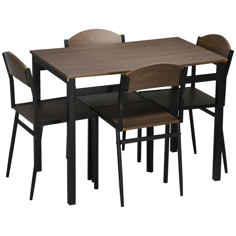 HOMCOM Set de sufragerie 5 piese cu 1 masa dreptunghiulara 100x63x76,5 cm si 4 scaune 45x40x82 cm, otel si MDF, maro negru