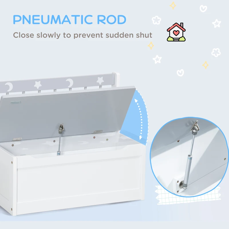 ZONEKIZ Cufar de jucarii moderna 2 in 1, scaun pentru copii, MDF si lemn de pin, 60x30x50 cm, alb si gri