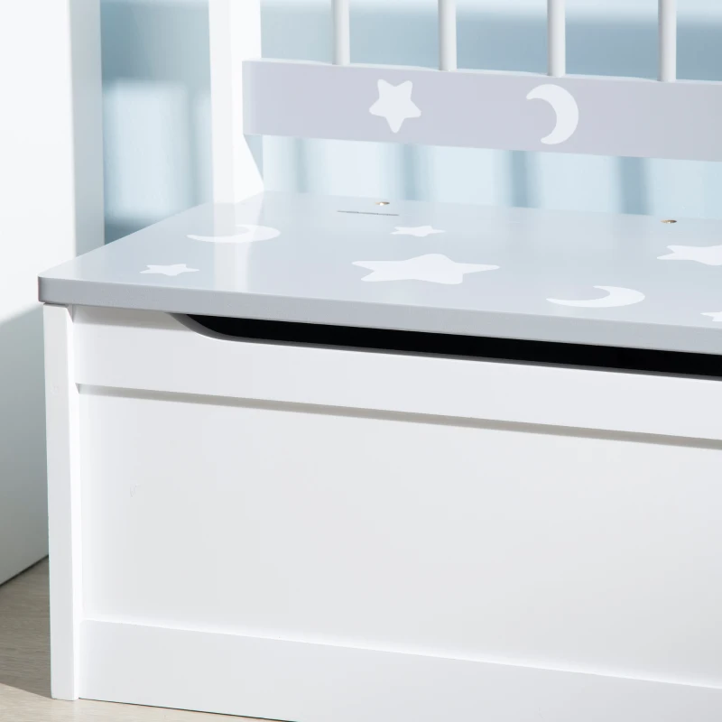 ZONEKIZ Cufar de jucarii moderna 2 in 1, scaun pentru copii, MDF si lemn de pin, 60x30x50 cm, alb si gri