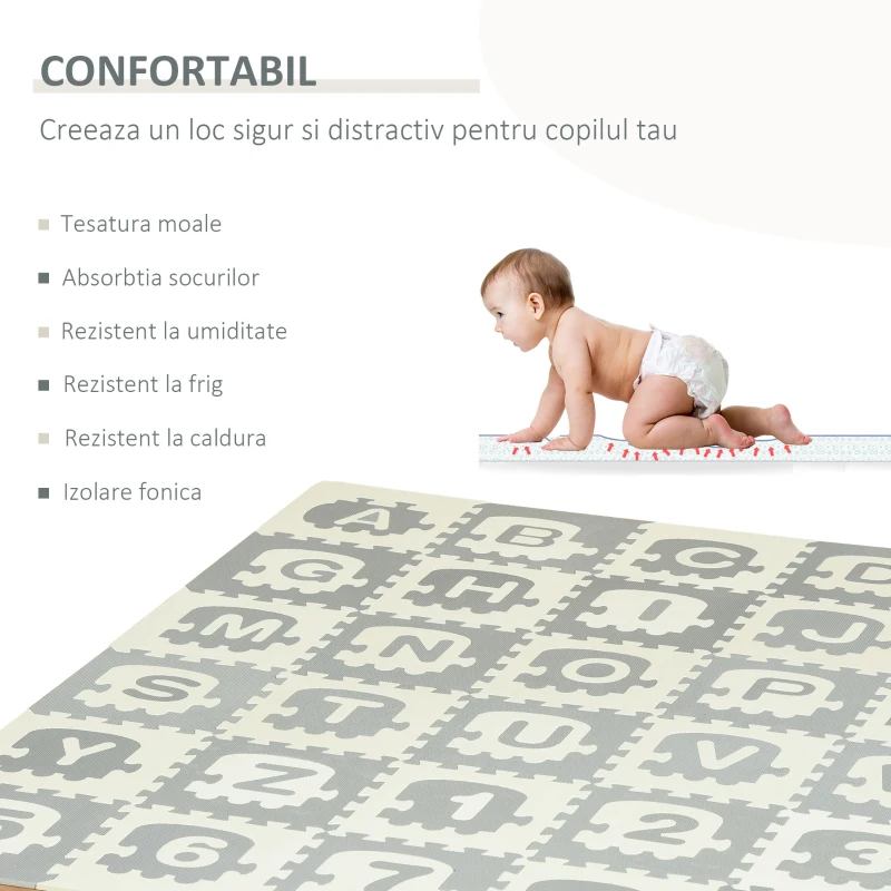 HOMCOM covor puzzle litere si cifre,182.5x182.5x1cm gri