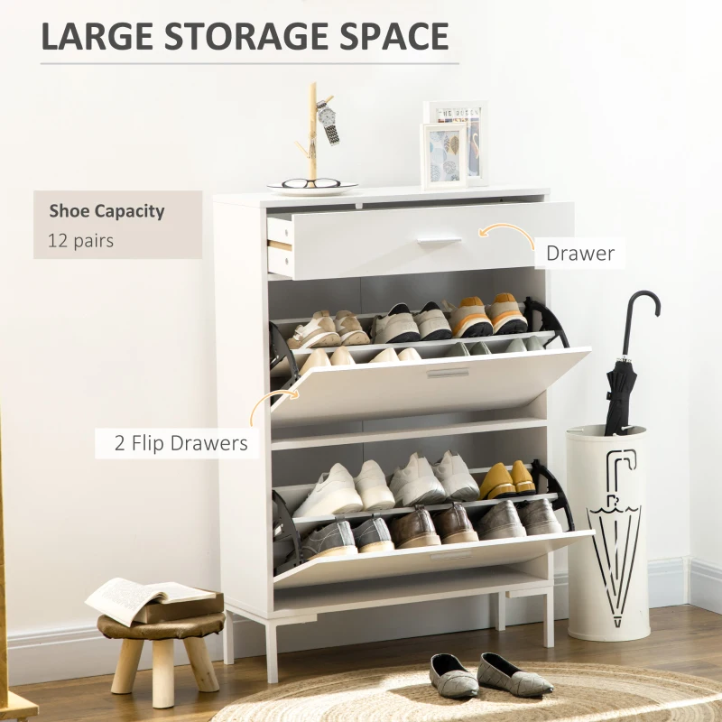 HOMCOM Dulap modern pentru pantofi, 12 perechi de pantofi cu 2 usi si sertar, din PAL, MDF si metal, 75x26x110 cm, alb(m-4)