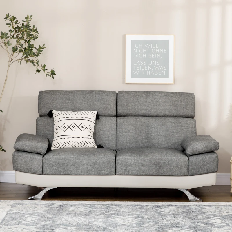 HOMCOM Canapea din piele artificiala cu 2 locuri cu tetiera reglabila pe 5 niveluri, canapea moderna pentru salon si sufragerie, 189x96,5x84cm, gri