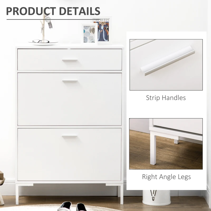 HOMCOM Dulap modern pentru pantofi, 12 perechi de pantofi cu 2 usi si sertar, din PAL, MDF si metal, 75x26x110 cm, alb(m-7)
