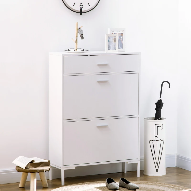 HOMCOM Dulap modern pentru pantofi, 12 perechi de pantofi cu 2 usi si sertar, din PAL, MDF si metal, 75x26x110 cm, alb(m-10)