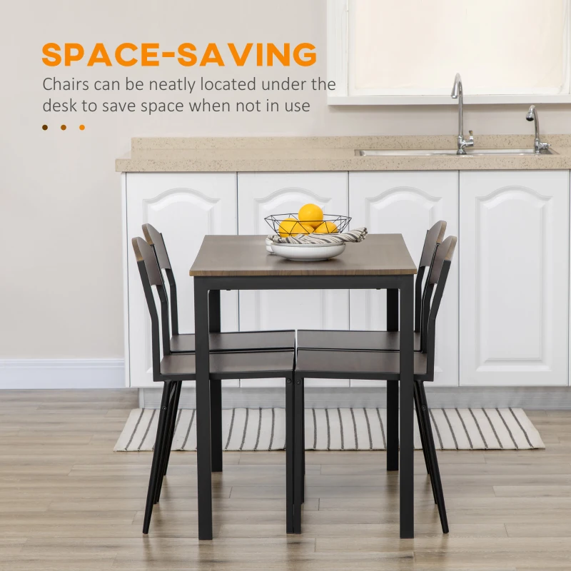 HOMCOM Set de sufragerie 5 piese cu 1 masa dreptunghiulara 100x63x76,5 cm si 4 scaune 45x40x82 cm, otel si MDF, maro negru