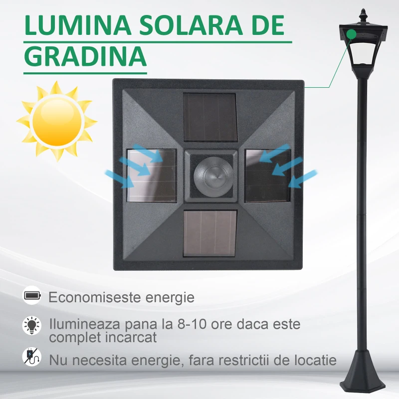 Outsunny Felinar de Gradina Led Panouri Solare, Negru, 120cm