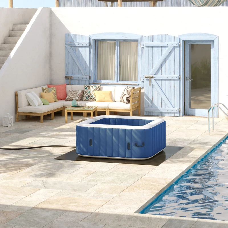 Outsunny Spa Gonflable carré 4 Personnes dim. 1,85L x 1,85l x 0,65H m - 910 litres 100 Jets de Massage - Fonctions Chauffage Filtration - Liner PVC Blanc Bleu