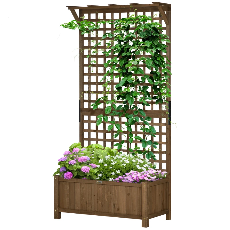Outsunny Raised Bed with Drainage Holes, Wood Planter with Trellis for Climbing Plants to Grow Vegetables, Flowers, Brown