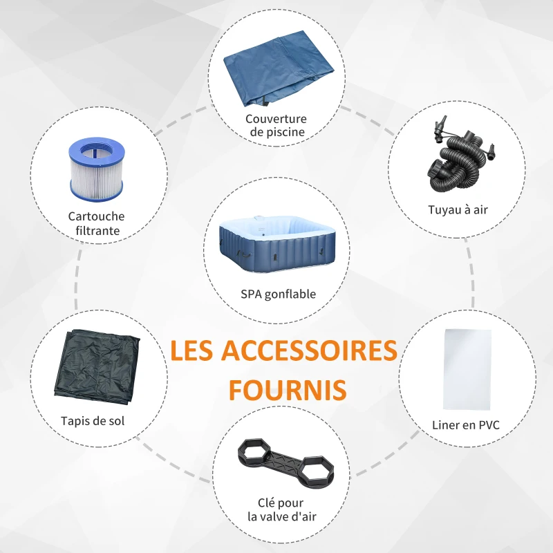 Outsunny Spa Gonflable carré 4 Personnes dim. 1,85L x 1,85l x 0,65H m - 910 litres 100 Jets de Massage - Fonctions Chauffage Filtration - Liner PVC Blanc Bleu