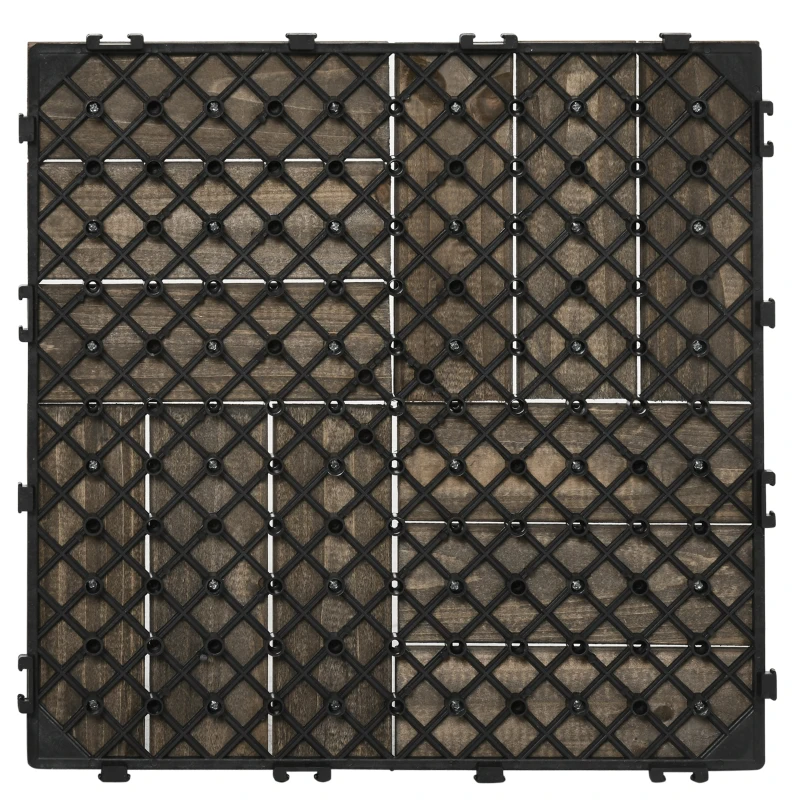 Outsunny 27 Pcs Wooden Interlocking Decking Tiles, Outdoor Flooring Tiles for Patio, Balcony, Terrace, Hot Tub, 30 x 30 cm per Piece, 2.5㎡ per Pack, Charcoal Grey