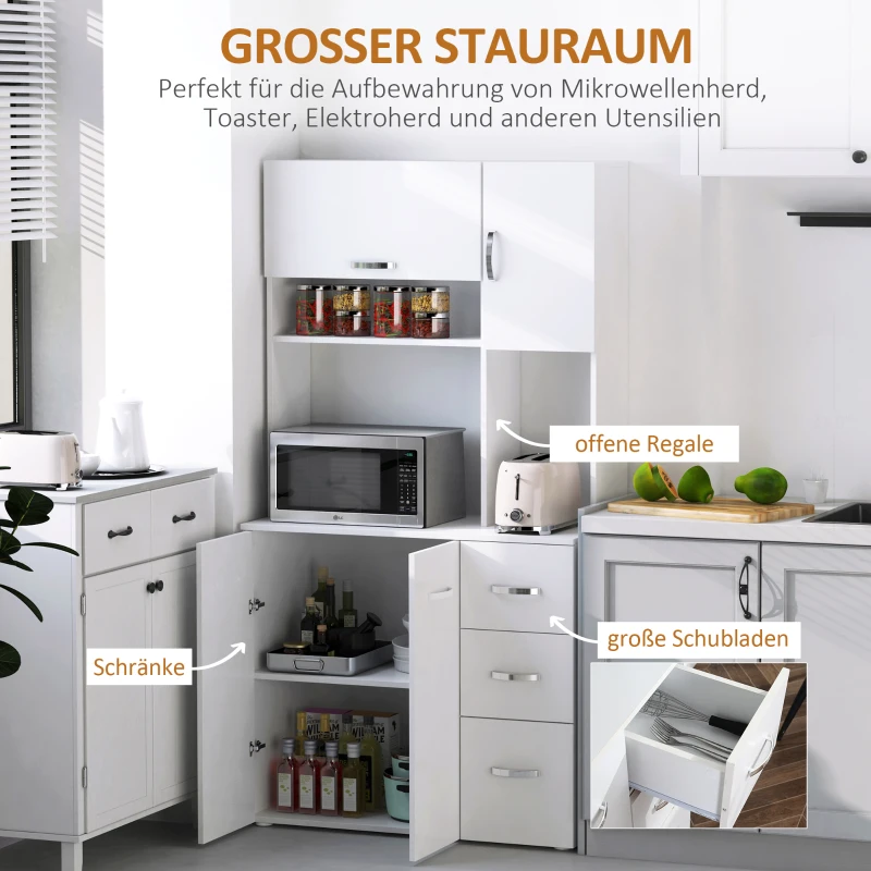 HOMCOM Küchenschrank Aufbewahrungsschrank Sideboard mit 3 Schubladen Hochschrank mit verstellbaren Ablagen Kommode Weiß 89x 39,5 x 168 cm
