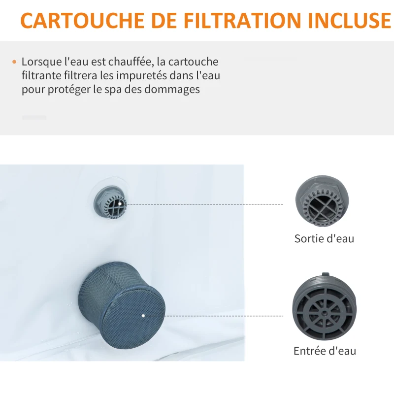 Outsunny Spa Gonflable carré 4 Personnes dim. 1,85L x 1,85l x 0,65H m - 910 litres 100 Jets de Massage - Fonctions Chauffage Filtration - Liner PVC Blanc Bleu