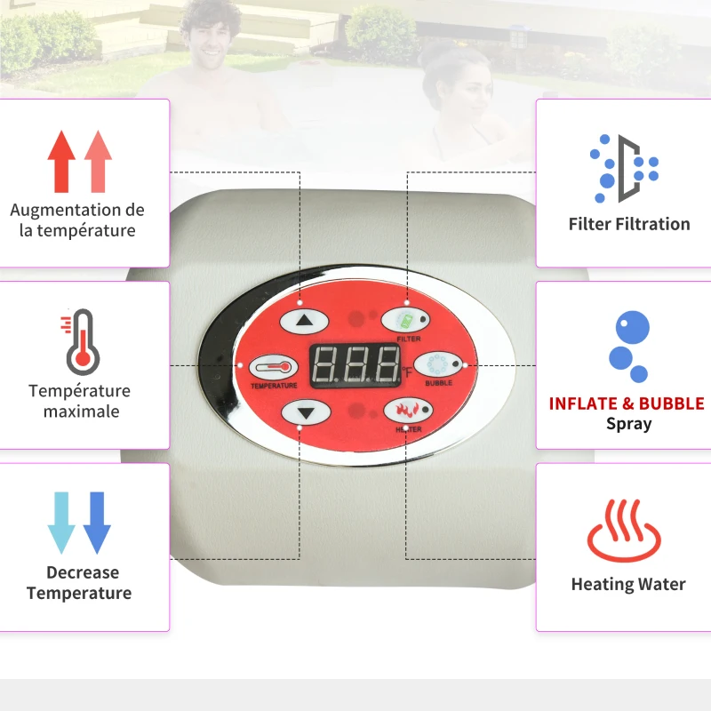 Outsunny Spa Gonflable carré 4 Personnes dim. 1,85L x 1,85l x 0,65H m - 910 litres 100 Jets de Massage - Fonctions Chauffage Filtration - Liner PVC Blanc Bleu