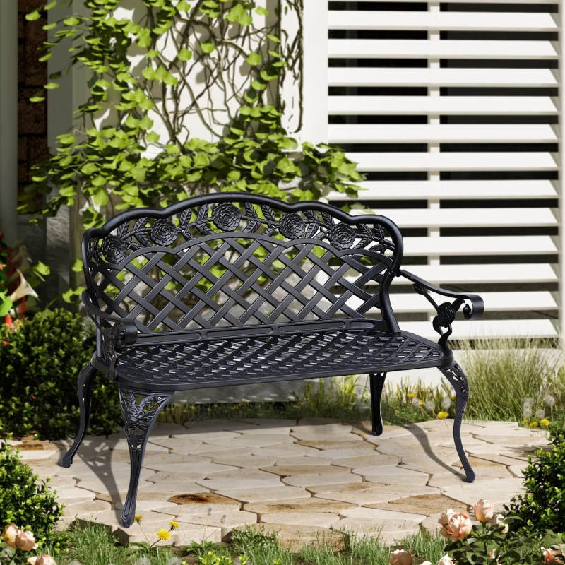 Outsunny Cast Aluminium Garden Bench - Outdoor Patio 2 Seater High Back Chair with Armrest, Antique Style, Black