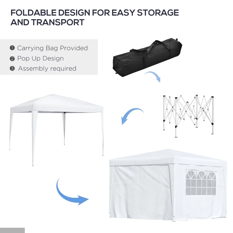 Outsunny 3 x 3 m Garden Pop Up Gazebo, Wedding Party Tent Marquee, Water Resistant Awning Canopy with Sidewalls, Windows, Carry Bag, White
