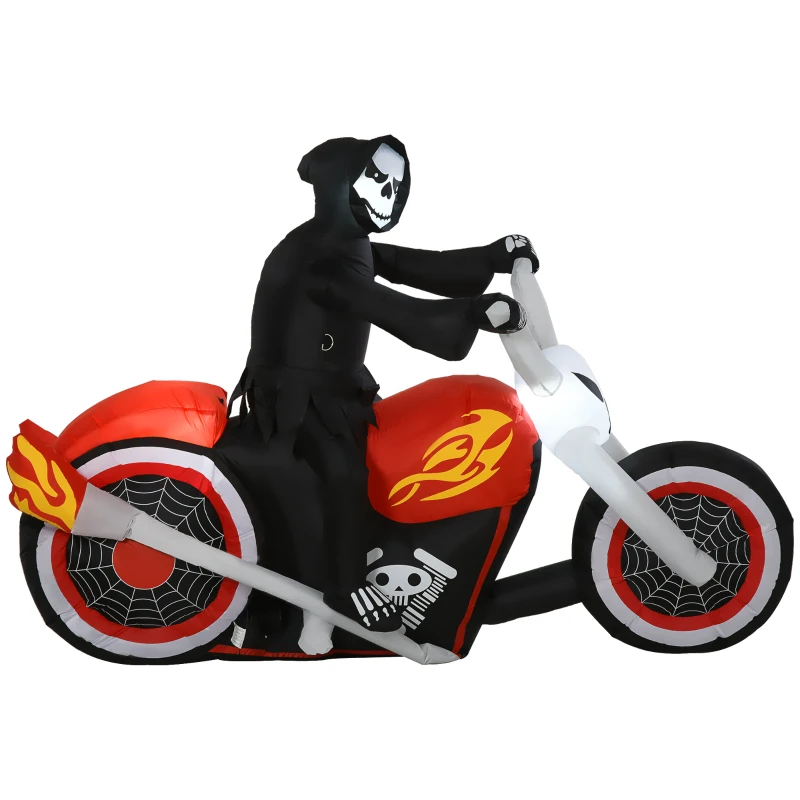 HOMCOM 1.8m Giant Inflatable Grim Reaper Motorcycle Halloween Decoration Ghost Flaming with LED Outdoor Air Blown Holiday Décor