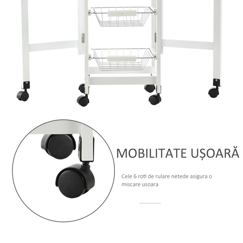 HOMCOM Carucior de Bucatarie Extensibil cu 3 sertare, MDF/Metal, 37x37x77.5 cm, Alb