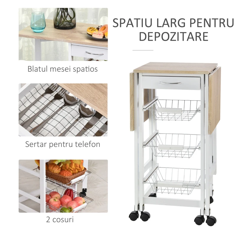 HOMCOM Carucior de Bucatarie Extensibil cu 3 sertare, MDF/Metal, 37x37x77.5 cm, Alb