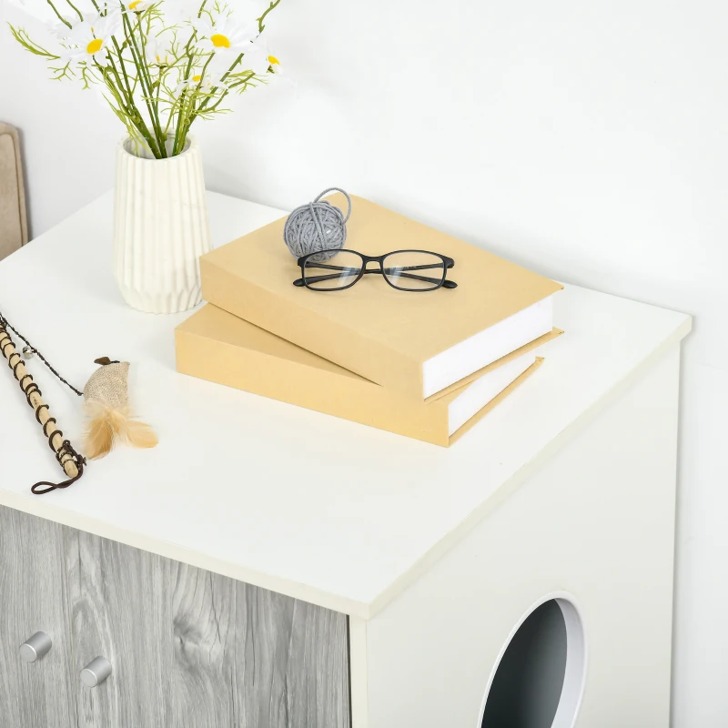 PawHut Mobilier Litiera pentru Pisici de pana la 5,5 kg cu 2 Usi si Orificiu Alb si Gri