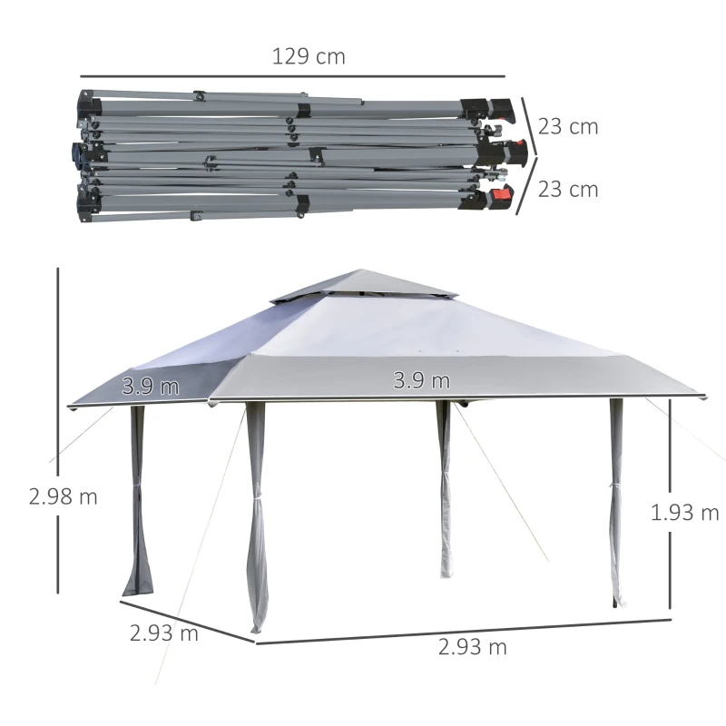 Outsunny 4 x 4m Pop-up Gazebo Double Roof Canopy Tent with UV Proof, Roller Bag & 3-Level Height Adjustable Outdoor Party, Steel Frame, Grey