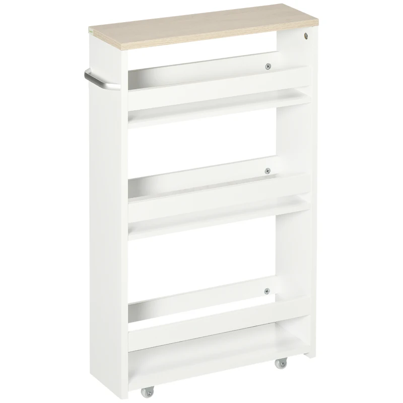 kleankin Carrello Bagno Salvaspazio a 3 Ripiani con Rotelle e Maniglia in Legno, 48x15x80cm, Bianco